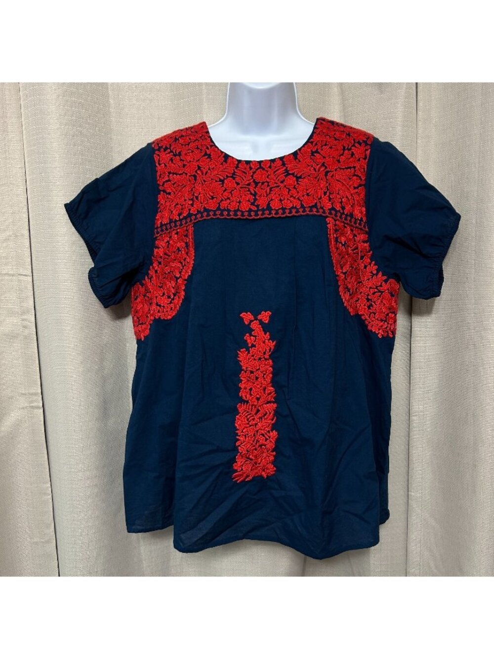 Frances Valentine Floral Embroidery Short Sleeve Top Women's Sz XL Navy Red NWT